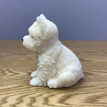 Load image into Gallery viewer, West Highland terrier dog candle, white in colour sitting down side view