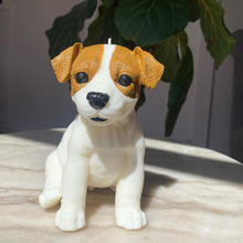 Load image into Gallery viewer, Jack Russell Terrier Dog Candle Tan and white in colour. Looks exactly like a Jack Russell.
