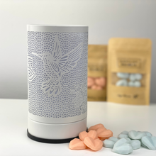 Load image into Gallery viewer, White Hummingbird Touch Lamp Wax Melt Warmer + 2 Sample Melt Packs + Spare Globe