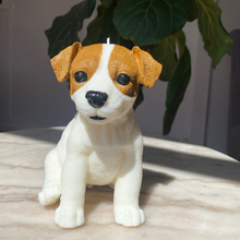 Load image into Gallery viewer, Jack Russell Terrier Dog Candle Tan and white in colour. Looks exactly like a Jack Russell.
