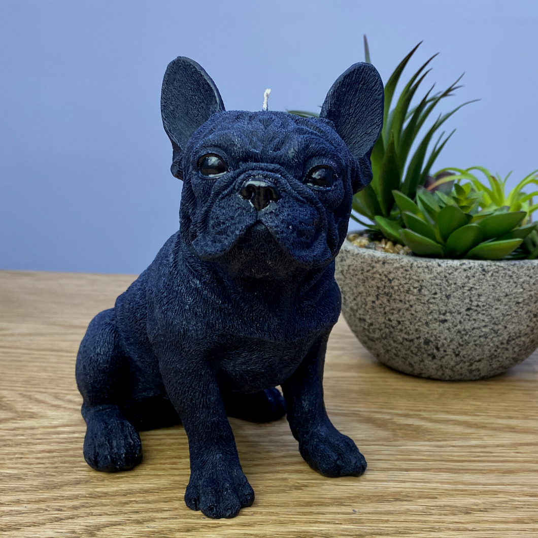 French bulldog candle, black in colour sitting down