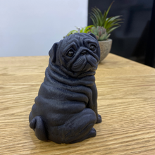 Load image into Gallery viewer, Pug Dog Candle Black Colour sitting  forward facing

