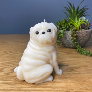 Pug Dog Candle White Colour sitting  forward facing